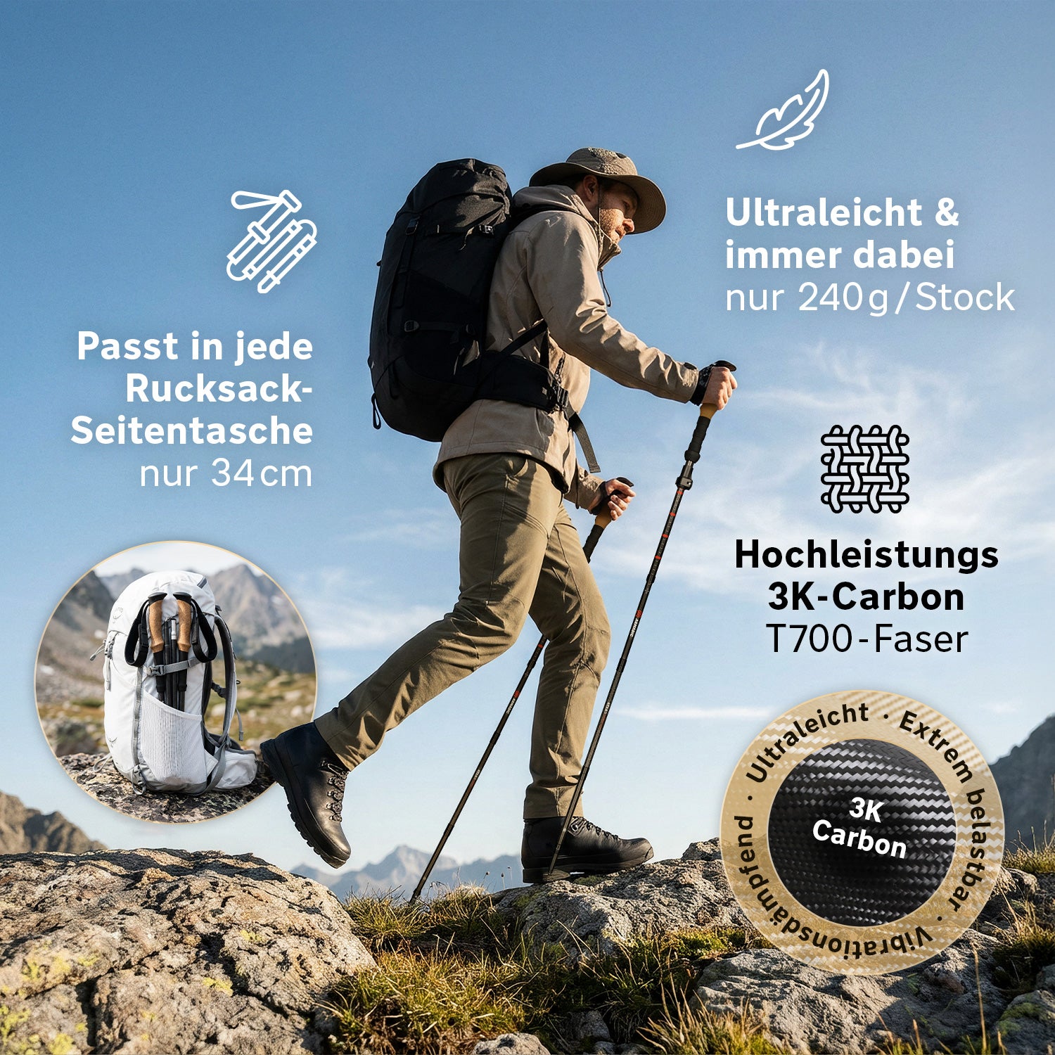 Faltbare Trekking- & Wanderstöcke aus 3K Carbon